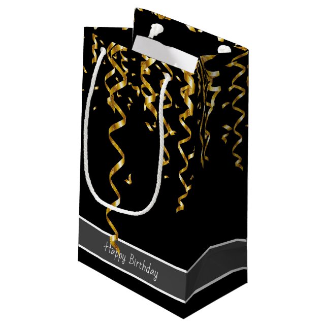 Elegantes Schwarz mit Gold Streamern, bearbeitbare Kleine Geschenktüte (Rückseite Schrägansicht)