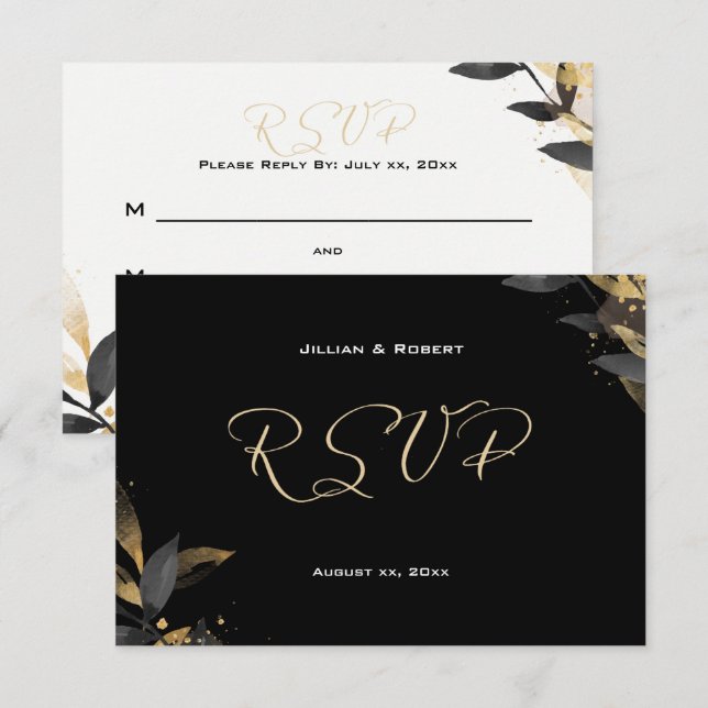 Elegantes Schwarz mit Gold Wedding RSVP Card (Vorne/Hinten)