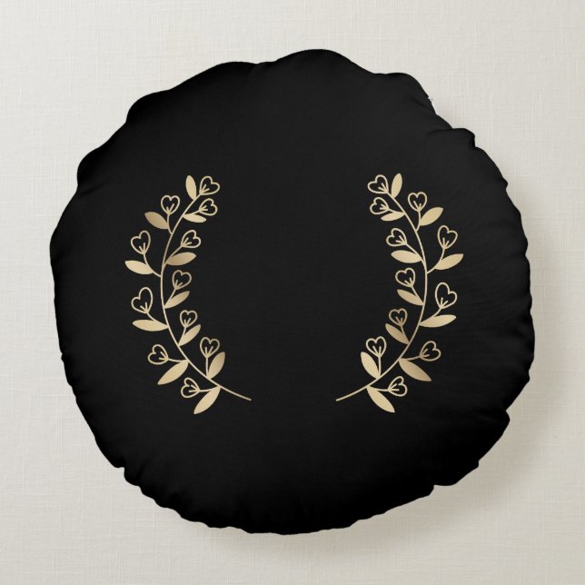 Elegantes Schwarz mit Imitate Gold Trim Rundes Kissen (Rückseite)