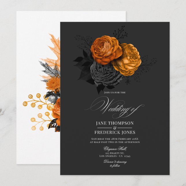 Elegantes Schwarz-Orange-Gotik-Blumendesign Einladung (Vorne/Hinten)