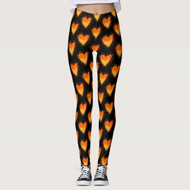 Elegantes Schwarz-Orange-Herz-Valentinmuster Leggings (Vorderseite)