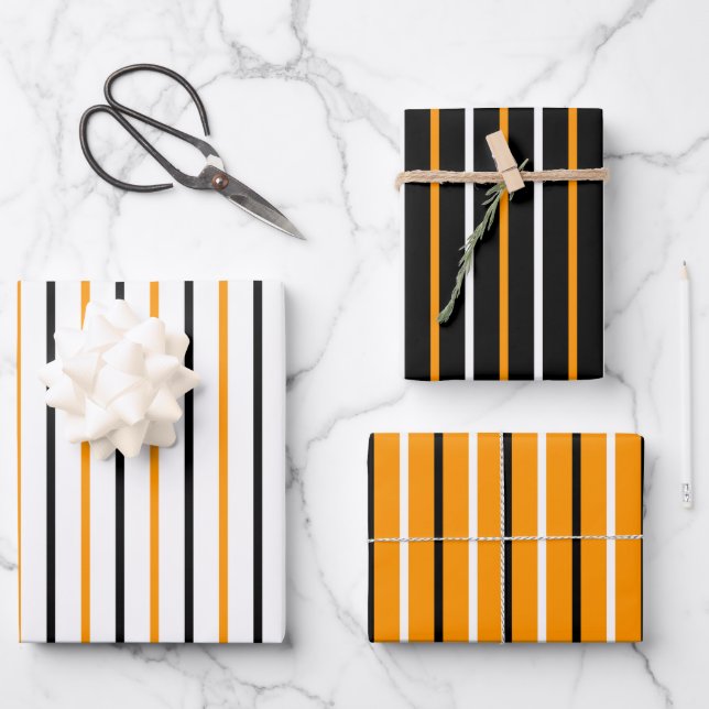 Elegantes Schwarz-Orange-Streifen-Muster Geschenkpapier Set (Vorderseite)