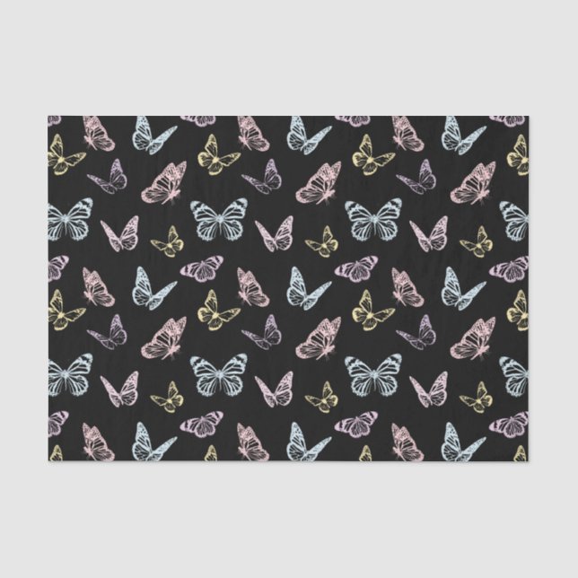 Elegantes Schwarz-Pastel-Rainbow-Schmetterlingsmus Seidenpapier (Vorderseite)