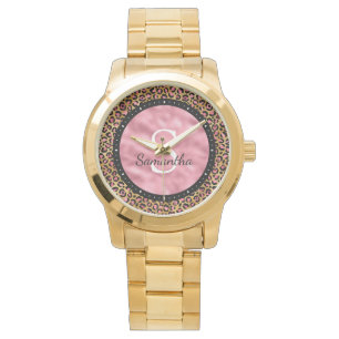 Elegantes Schwarz-Rosa-Foil-Leopard-Monogramm Armbanduhr