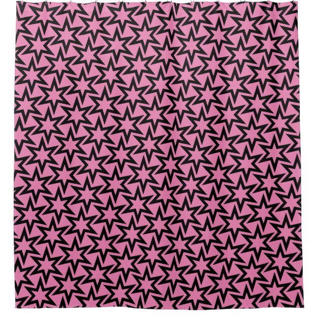 Elegantes Schwarz-Rosa Geometrisches Sternmuster Duschvorhang (Vorderseite)
