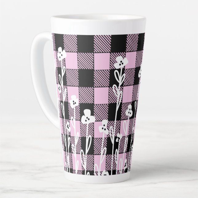 Elegantes, schwarz-rosa kariertes Muster Milchtasse (Linke Ecke)