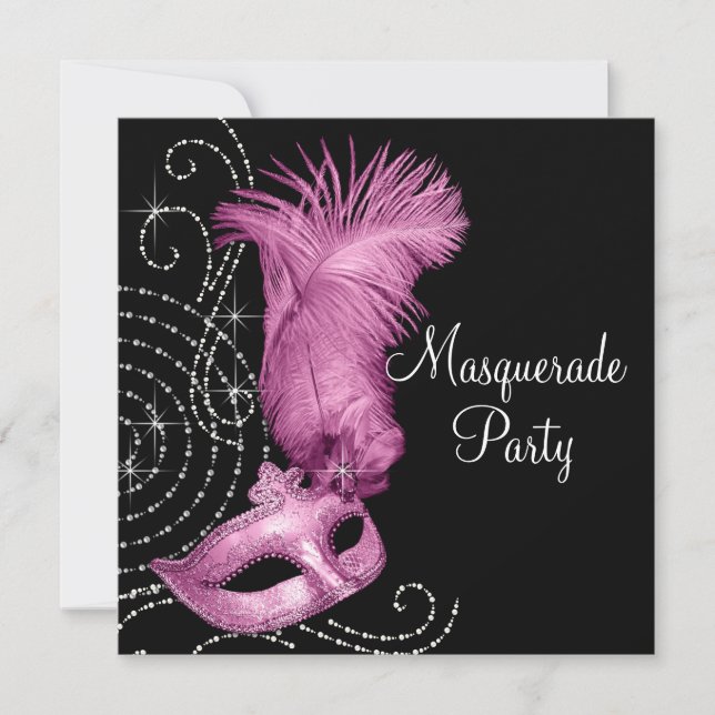 Elegantes Schwarz-Rosa-Masquerade-Party Einladung (Vorderseite)