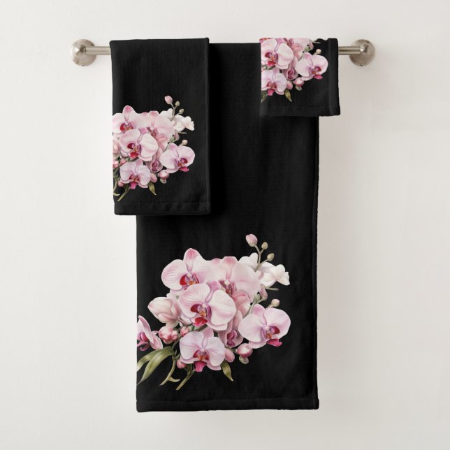 Elegantes Schwarz-Rosa Orchid Badhandtuch Set (Insitu)