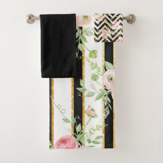 Elegantes Schwarz-, Rosa- und Grünes Blumen Badetu Badhandtuch Set