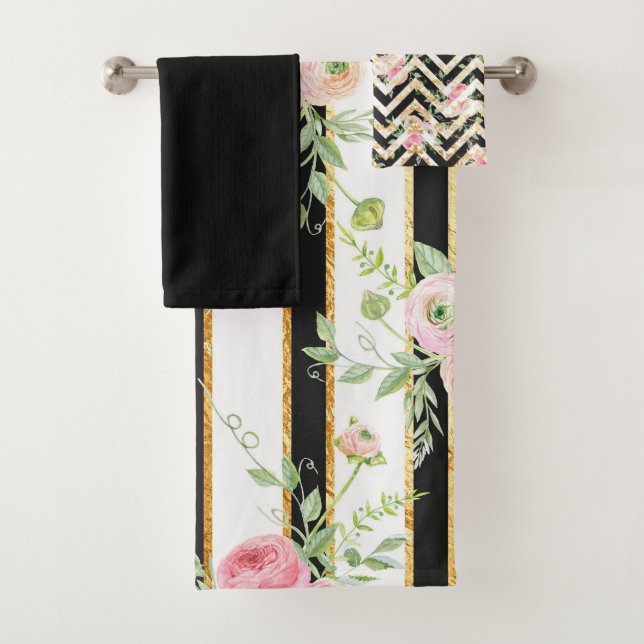 Elegantes Schwarz-, Rosa- und Grünes Blumen Badetu Badhandtuch Set (Insitu)