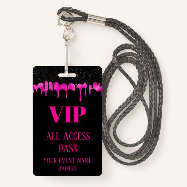 Elegantes, schwarz-rosa VIP-Zugriffsereignis Ausweis (Vorderseite mit Schlüsselband)