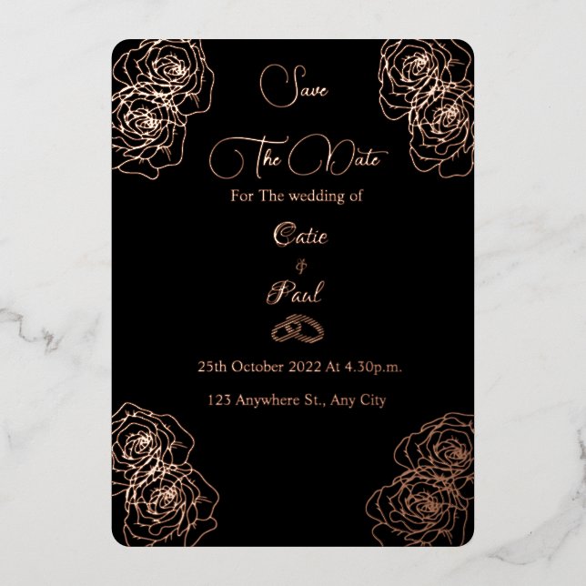 Elegantes Schwarz-Rose-Gold Save the Date Folieneinladung (Vorderseite)