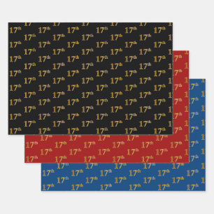 Elegantes Schwarz, Rot, Blau, Imitate Gold 17. Ver Geschenkpapier Set