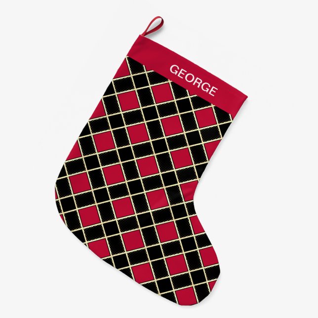 Elegantes Schwarz-Rot-Diamant-Muster Großer Weihnachtsstrumpf (Vorderansicht (hängend))