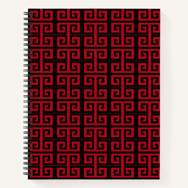 Elegantes Schwarz/Rot-Griechisches MusterNotebook Notizbuch (Vorderseite)