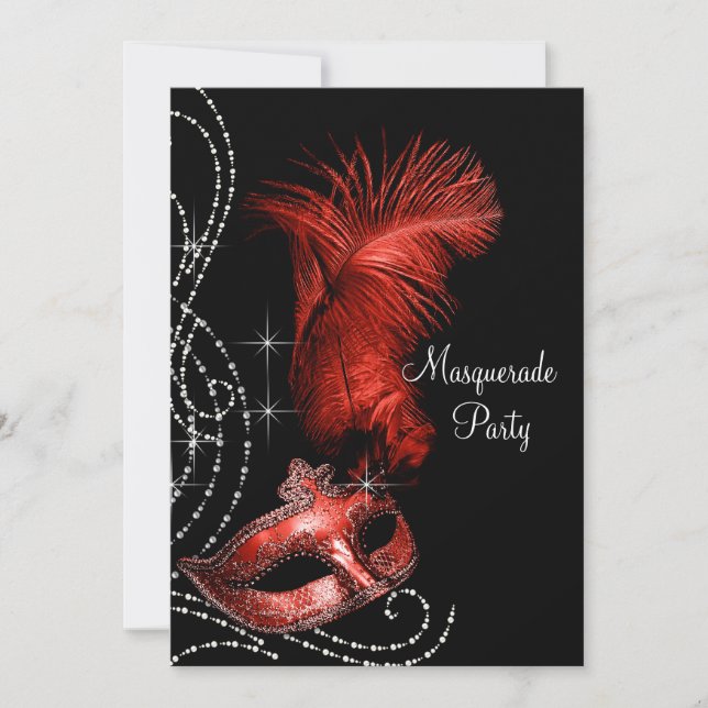 Elegantes Schwarz-Rot-Masquerade-Party Einladung (Vorderseite)