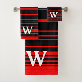 Elegantes Schwarz-Rot-Streifenmuster Monogramm Badhandtuch Set