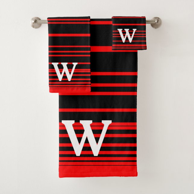 Elegantes Schwarz-Rot-Streifenmuster Monogramm Badhandtuch Set (Insitu)