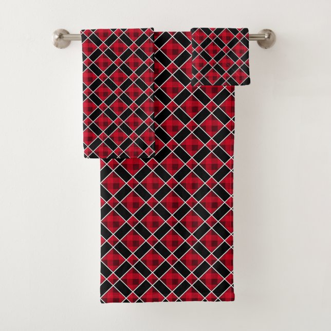 Elegantes schwarz-rotes Diamantmuster Badhandtuch Set (Insitu)