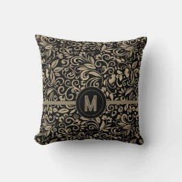 Elegantes Schwarz-Silber-Floral-Monogramm Kissen