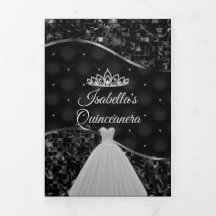 Elegantes Schwarz-Silber-Foto Quinceanera Trifold
