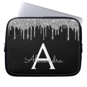 Elegantes Schwarz-Silber-Glitzer-Sparkle-Monogramm Laptopschutzhülle