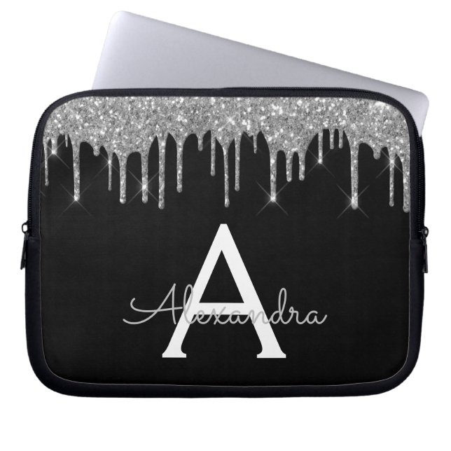 Elegantes Schwarz-Silber-Glitzer-Sparkle-Monogramm Laptopschutzhülle (Vorderseite)