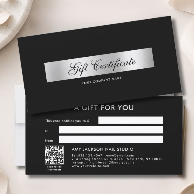 Elegantes Schwarz-Silber-QR-Code-Geschenkgutschein (Elegant Black Silver QR Code Gift Certificate)