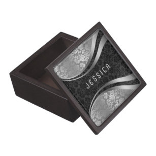 Elegantes Schwarz & Silbergrau-Damaskus-Muster Schachtel