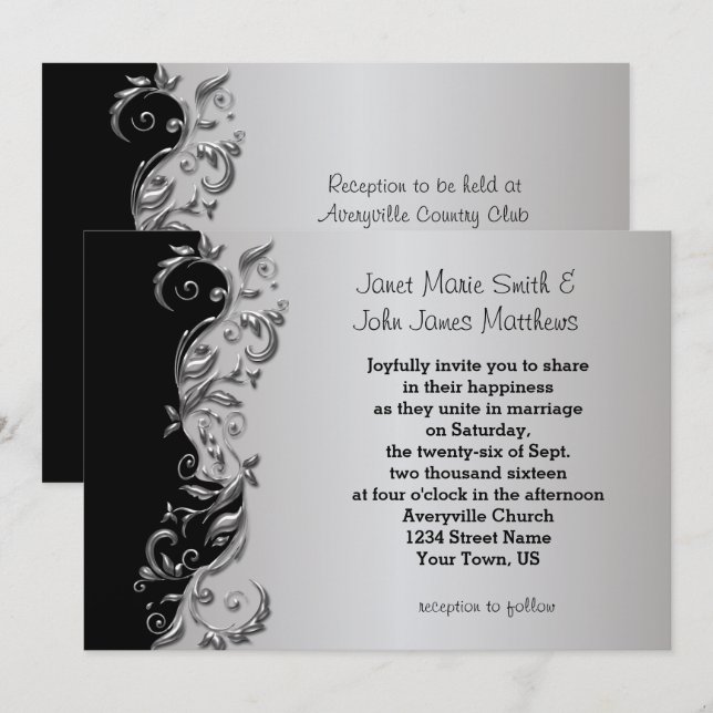 Elegantes Schwarz & Silver Floral Wedding Design Einladung (Vorne/Hinten)