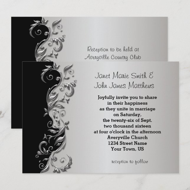 Elegantes Schwarz & Silver Floral Wedding Design Einladung (Vorne/Hinten)
