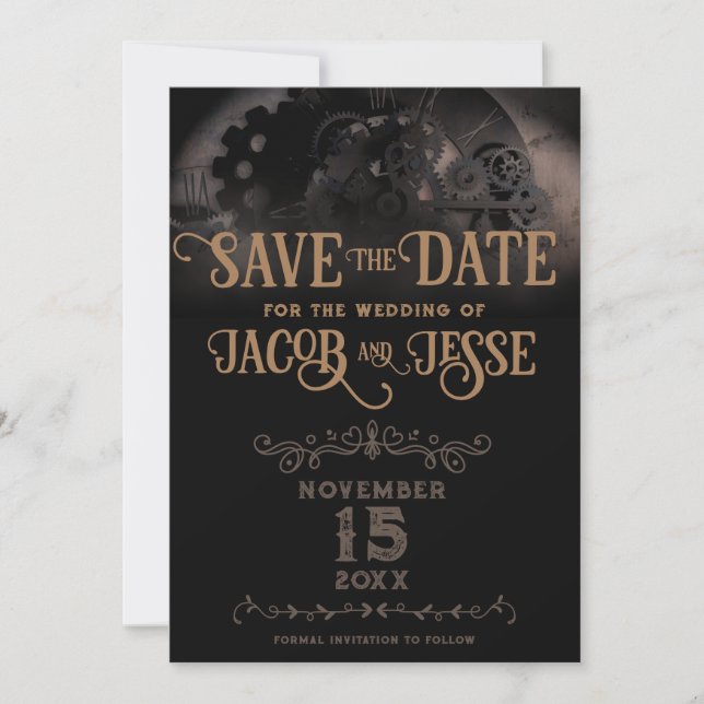 Elegantes Schwarz Steampunk Save The Date (Vorderseite)