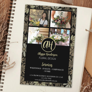 Elegantes Schwarz-Tannengrün-Blumen-Geschäftslogo Flyer