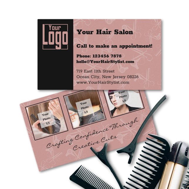 Elegantes Schwarz-Toskana Rosa-Friseur-Logo Visitenkarte (Elegant Black & Tuscany Pink Hair Salon Logo Business Card)