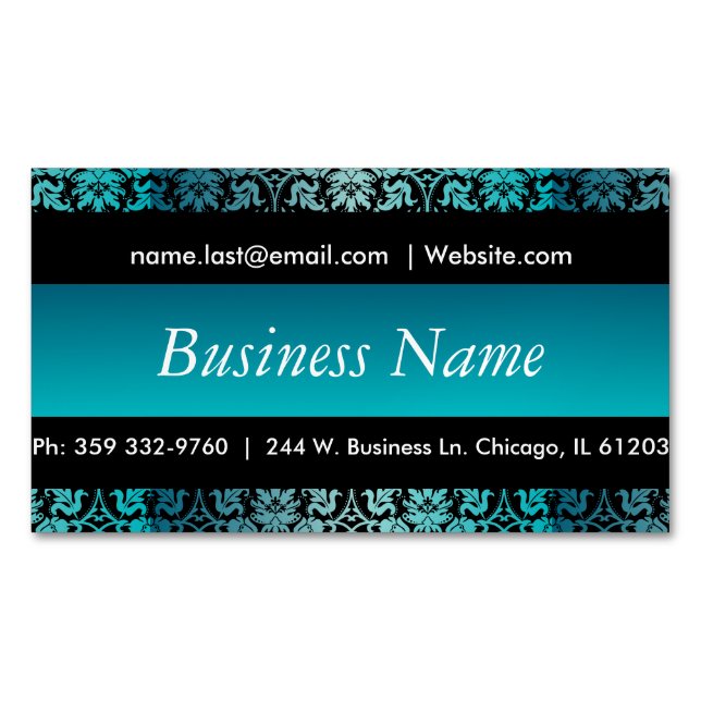 Elegantes Schwarz-Türkis-Damask-Design Magnetische Visitenkarte (Vorderseite)
