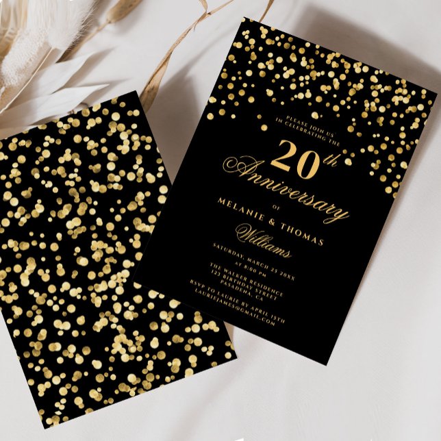 Elegantes Schwarz und Gold 20. Hochzeitstag Einladung (Von Creator hochgeladen)