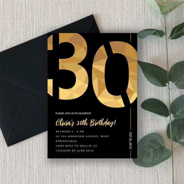 Elegantes Schwarz und Gold 30. Geburtstag Party Einladung (Von Creator hochgeladen)