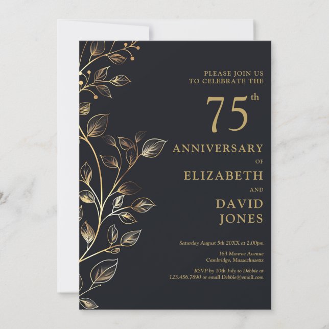 Elegantes Schwarz und Gold 75. Hochzeitstag Einladung (Vorderseite)