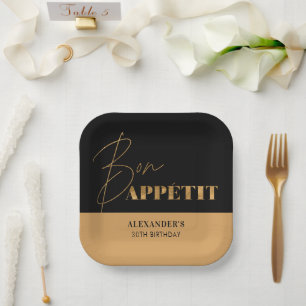 Elegantes Schwarz und Gold Bon Appétit Script Gebu Pappteller