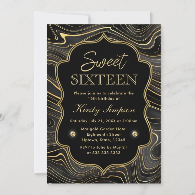 Elegantes Schwarz und Gold Geode Strata Sweet 16 Einladung (Vorderseite)