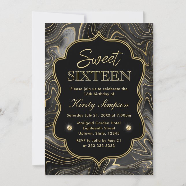 Elegantes Schwarz und Gold Geode Strata Sweet 16 Einladung (Vorderseite)