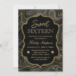 Elegantes Schwarz und Gold Geode Strata Sweet 16 Einladung