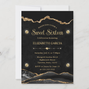Elegantes Schwarz und Gold Glitter-Achat Sweet Six Einladung