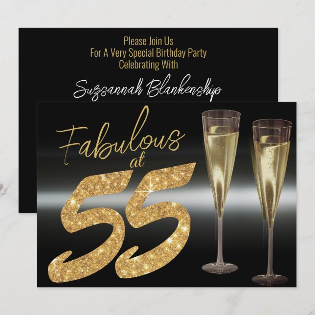 Elegantes Schwarz und Gold im 55 Party fabelhaft Einladung (Vorne/Hinten)