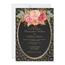Elegantes Schwarz und Gold mit Rose Einladung Hoch