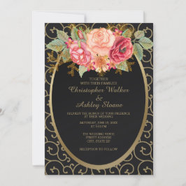 Elegantes Schwarz und Gold mit Rose Einladung Hoch
