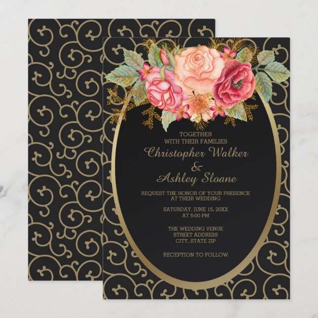 Elegantes Schwarz und Gold mit Rose Einladung Hoch (Vorne/Hinten)