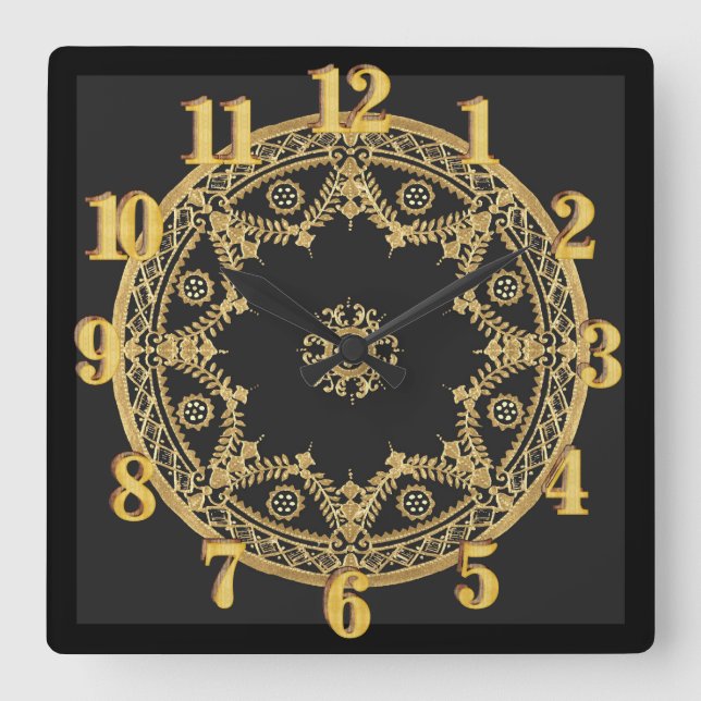 Elegantes Schwarz und Gold Quadratische Wanduhr (Vorderseite)