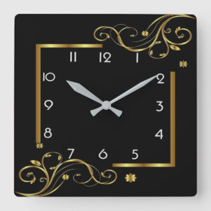 Elegantes Schwarz und Gold Quadratische Wanduhr