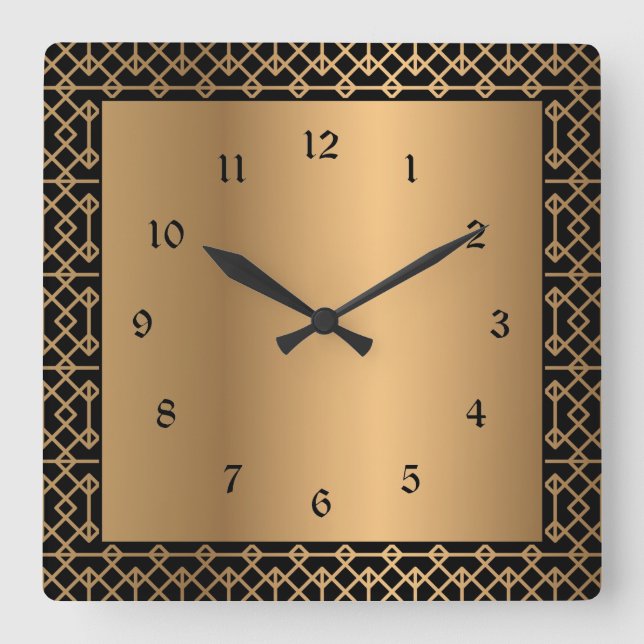 Elegantes Schwarz und Gold Quadratische Wanduhr (Vorderseite)